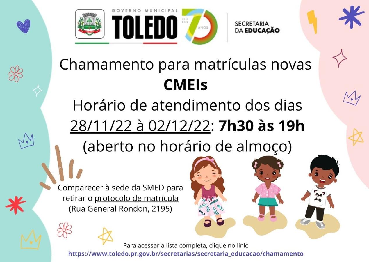 Lista divulgada pela Secretaria Municipal da Educação de Toledo contempla todas 416 crianças que estavam na fila de espera dos Cmeis de setembro até 25/11