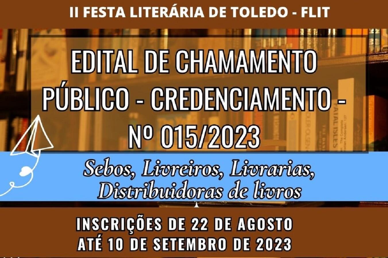 Sebos, livrarias, livreiros e distribuidores de livros podem credenciar-se a evento que ocorrerá de 6 a 12/10 durante as atividades da 2ª Festa Literária de Toledo