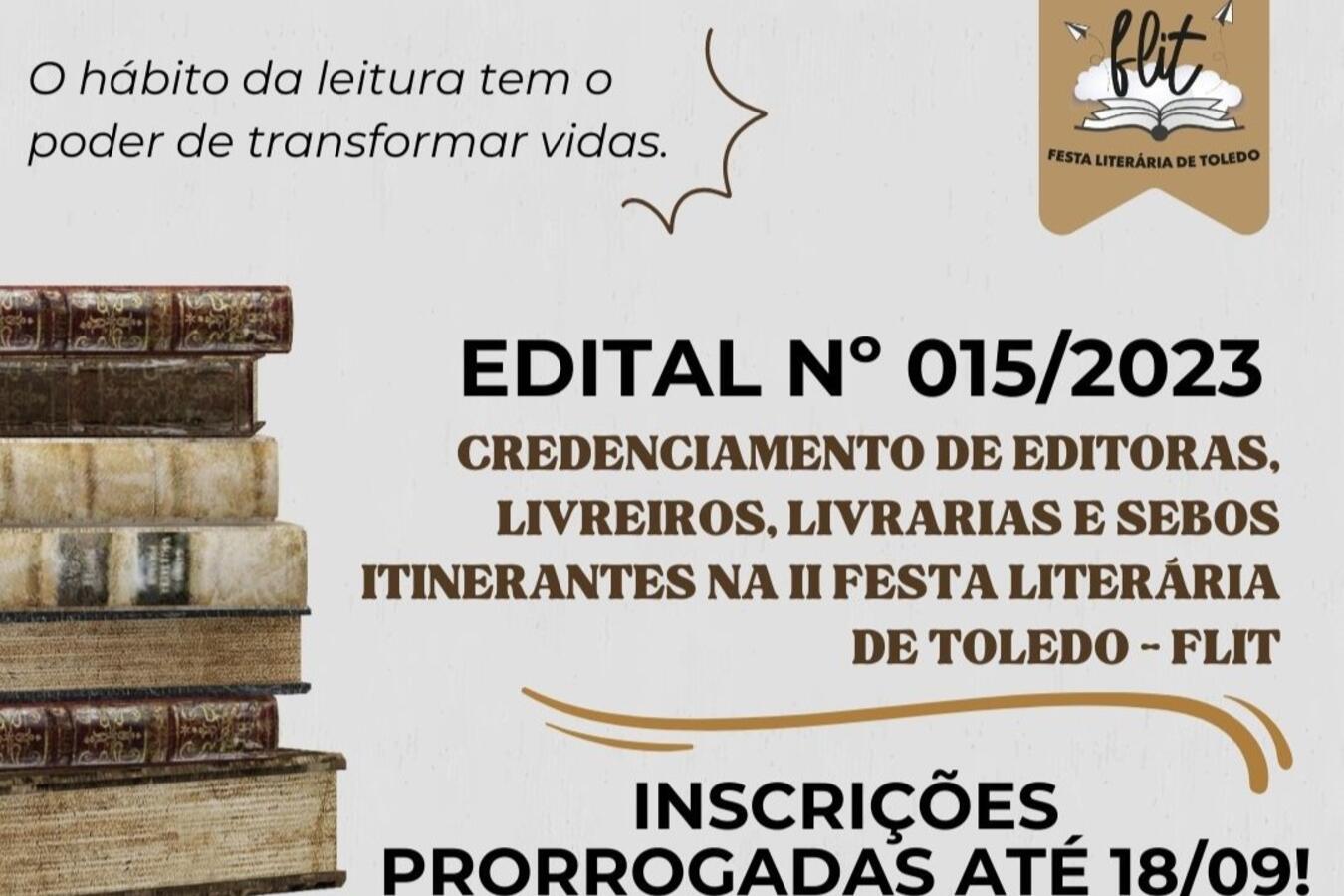 Sebos, livrarias, livreiros e distribuidores de livros podem se inscrever até a próxima segunda (18); evento ocorrerá de 6 a 12/10, durante a 2ª Festa Literária de Toledo