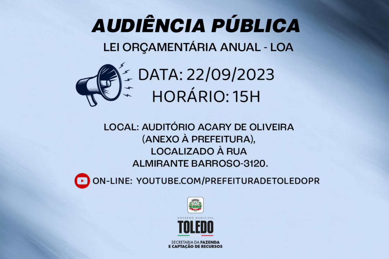 Auditório Acary Oliveira receberá evento na próxima sexta-feira (22), às 15h; os cidadãos já podem apresentar propostas à Lei Orçamentária Anual pela internet