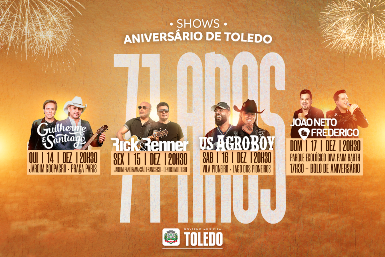 Além das diversas atividades promovidas pelas demais secretarias, a AgroDesenvolvimento trará vários shows locais e nacionais, para festejar o aniversário de Toledo 