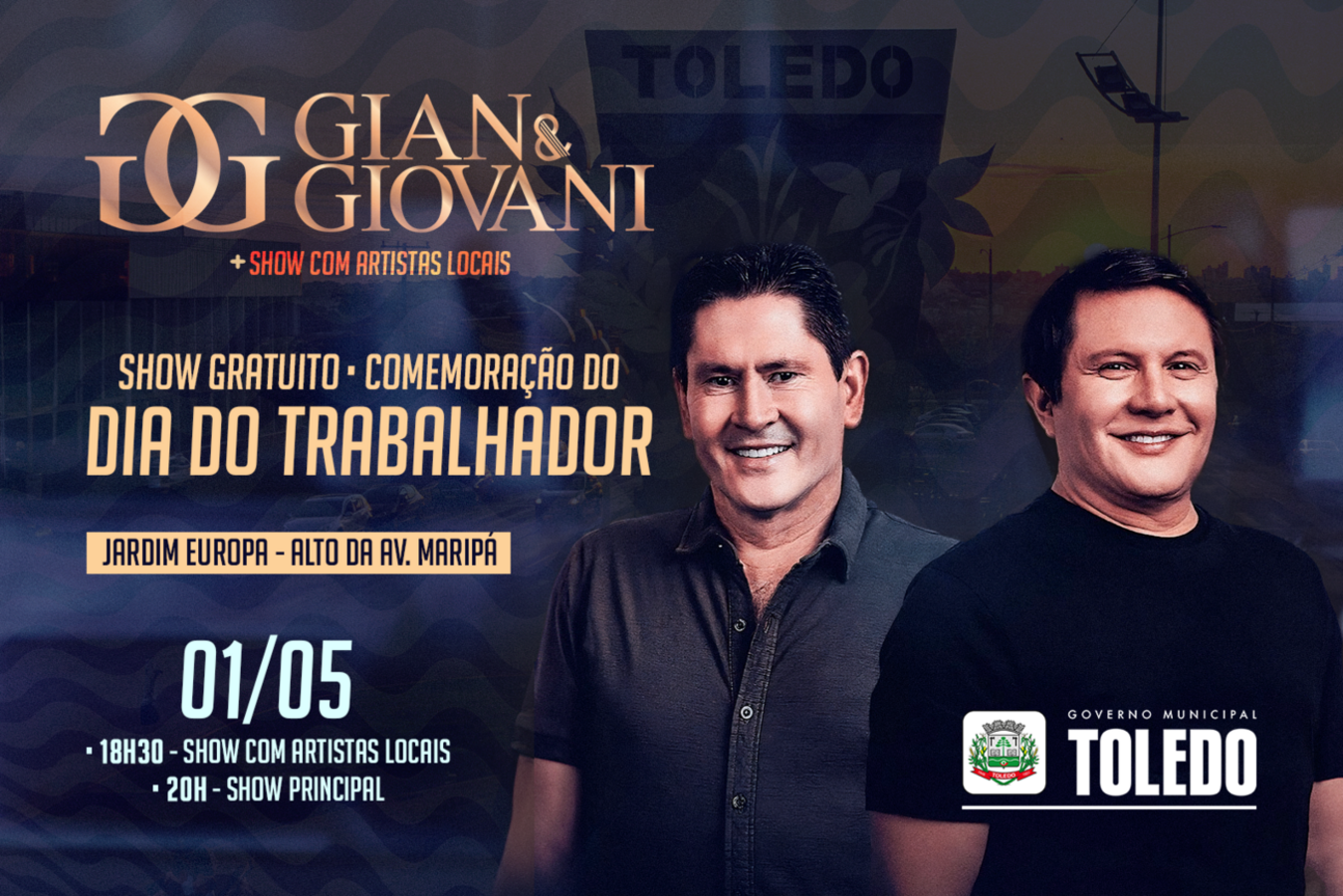 Sucessos de 35 anos de carreira da dupla serão apresentados em 1º de maio, às 20h, no alto da Av. Maripá; artistas locais abrem evento, que terá entrada franca