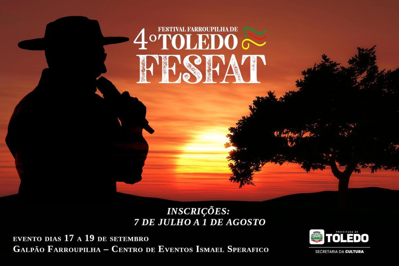 Festival Farroupilha de Toledo será realizado entre os dias 17 e 19 de setembro (quarta  a sexta) em galpão a ser montado no Centro de Eventos Ismael Sperafico