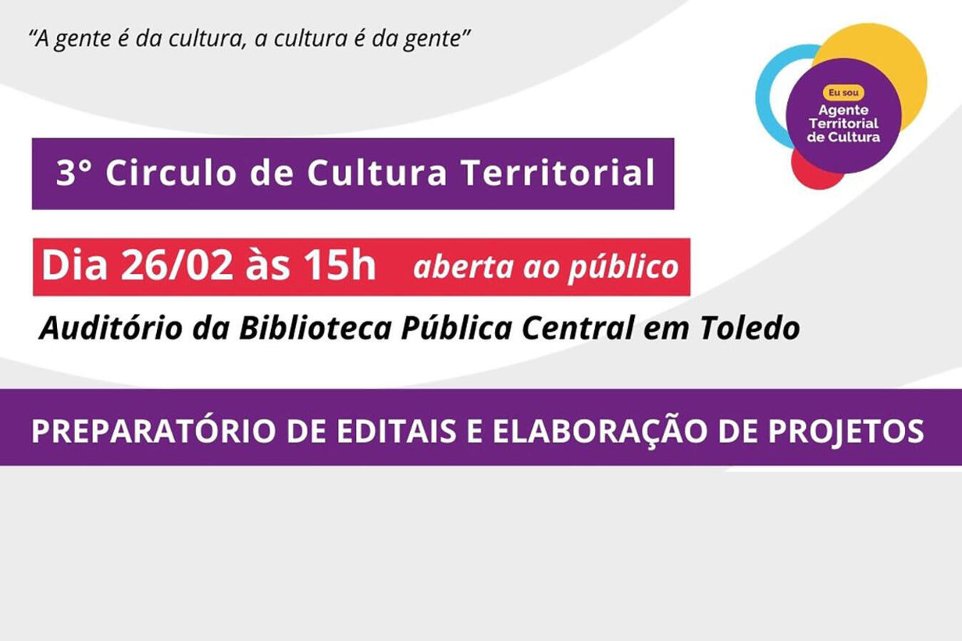 Nesta quinta-feira (26), às 15h, Toledo será sede de evento que auxiliará agentes culturais a elaborarem projetos e apresentá-los em editais de fomento, como a Pnab