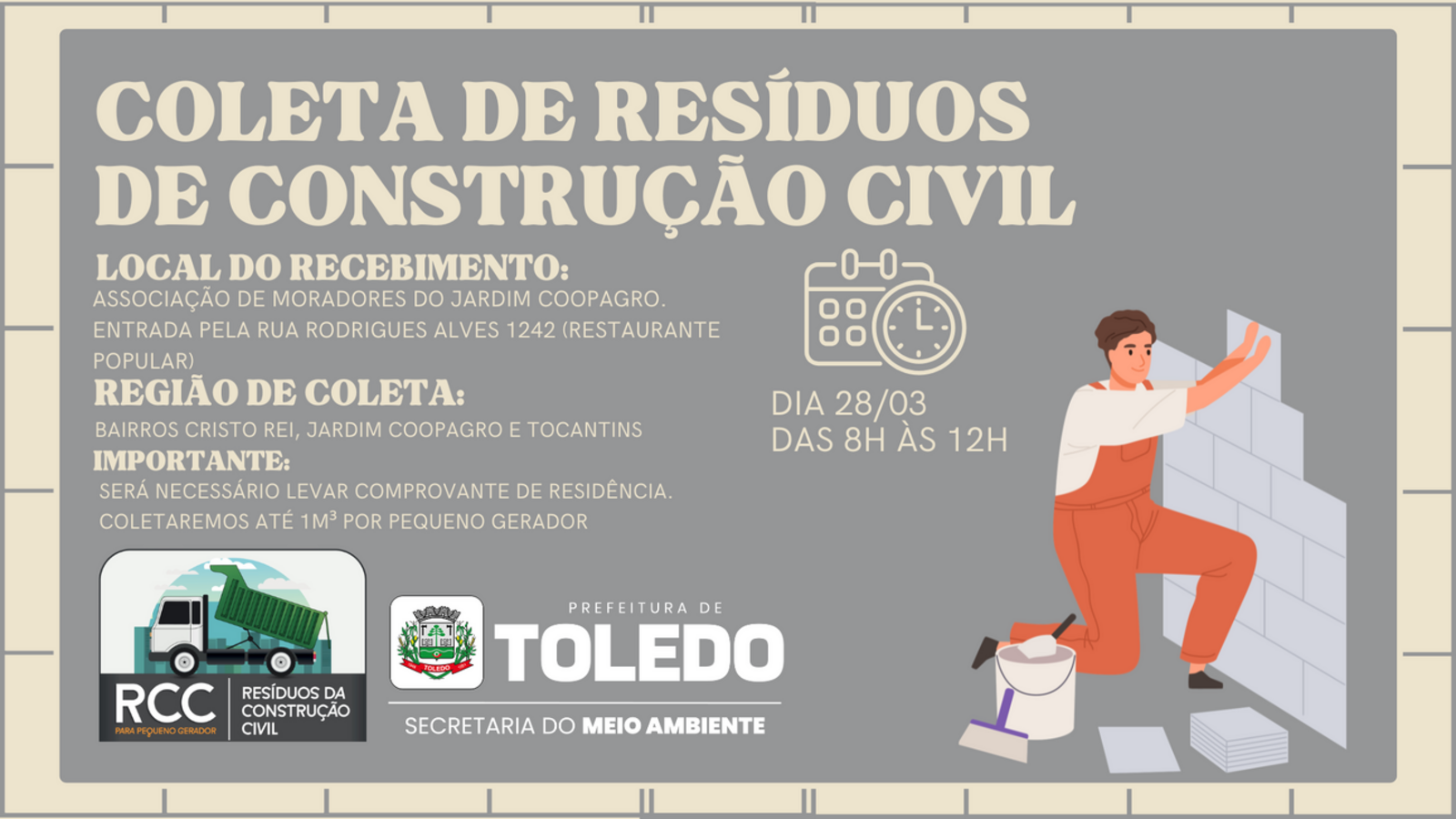 Recebimento ocorre das 8h às 12h, na Associação de Moradores do Jardim Coopagro