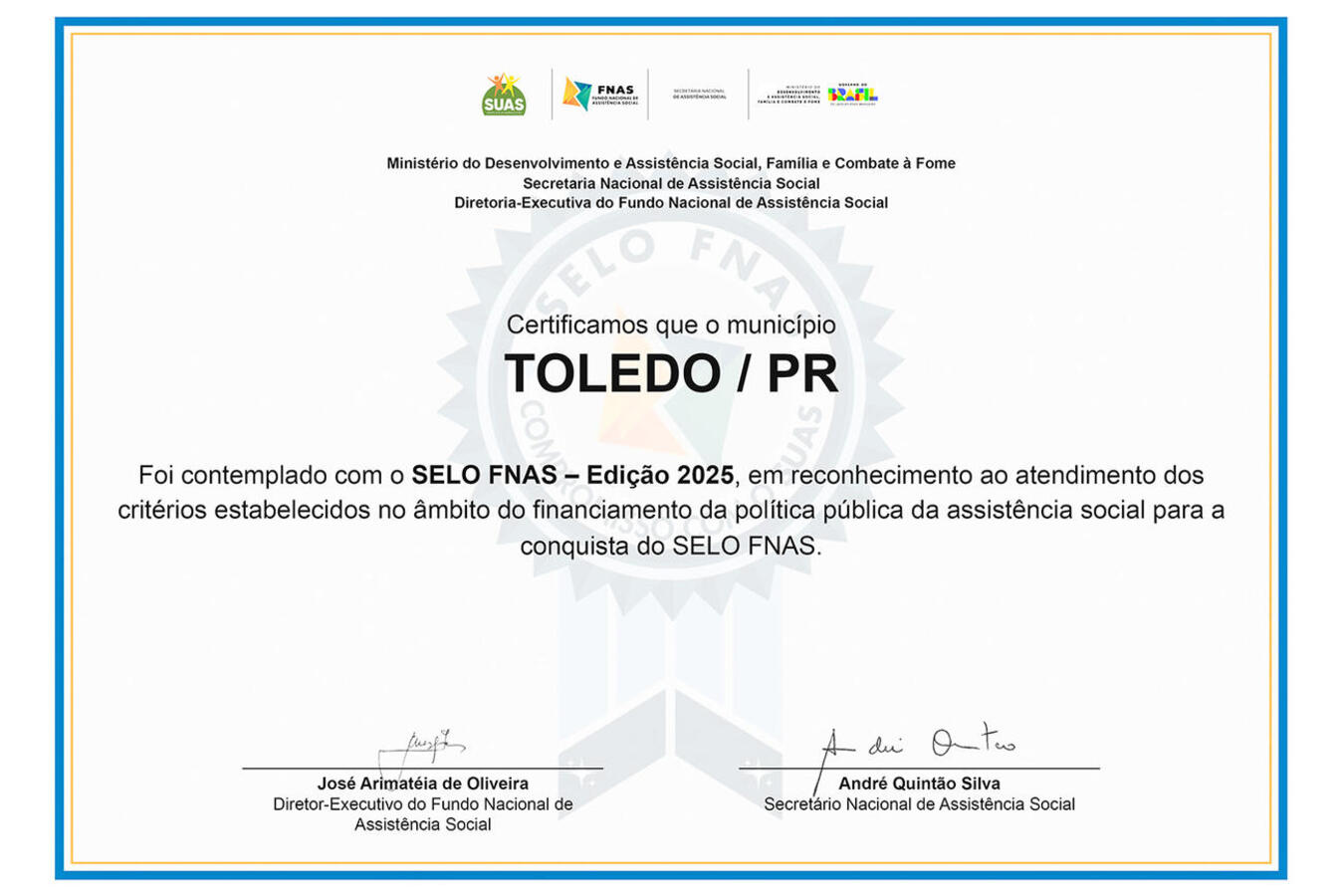 Gestão Financeira e Orçamentária do Sistema Único de Assistência Social em nível municipal foi contemplada com selo pela boa gestão dos recursos destinados à área