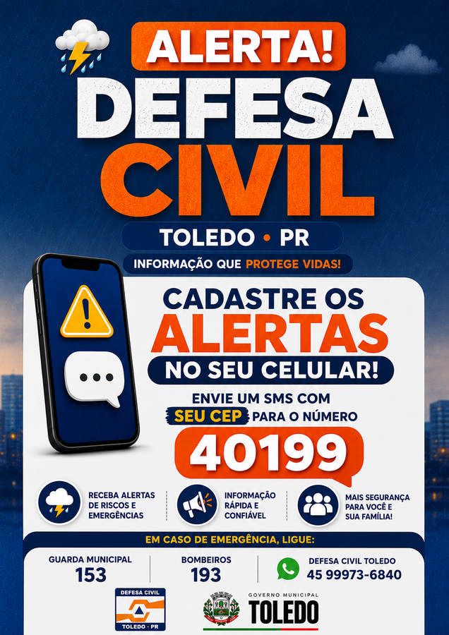 Cadastre os alertas no seu celular. Envie um sms com seu cep para o número 40199