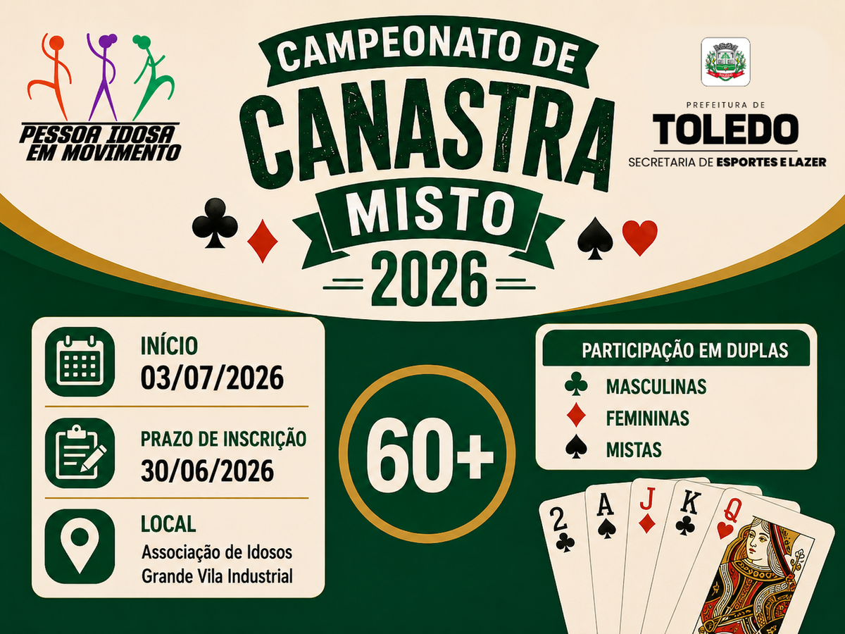 A Secretaria de Esportes e Lazer, por meio do Departamento da Pessoa Idosa, está organizando um campeonato de canastra 60+ nas categorias masculina, feminina e mista