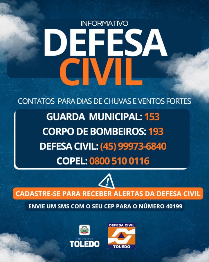 Contatos de emergência. Para Guarda Municipal disque 153, para o Corpo de bombeiros disque 193, para Defesa civil disque 45 99973 6840 e para Copel disque 0800 510 0116