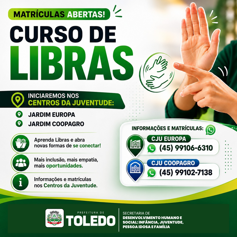 A Secretaria de Desenvolvimento Humano e Social: Infância, Juventude, Pessoa Idosa e Família abriu as matrículas para o curso de Libras que será realizado nos CJUs