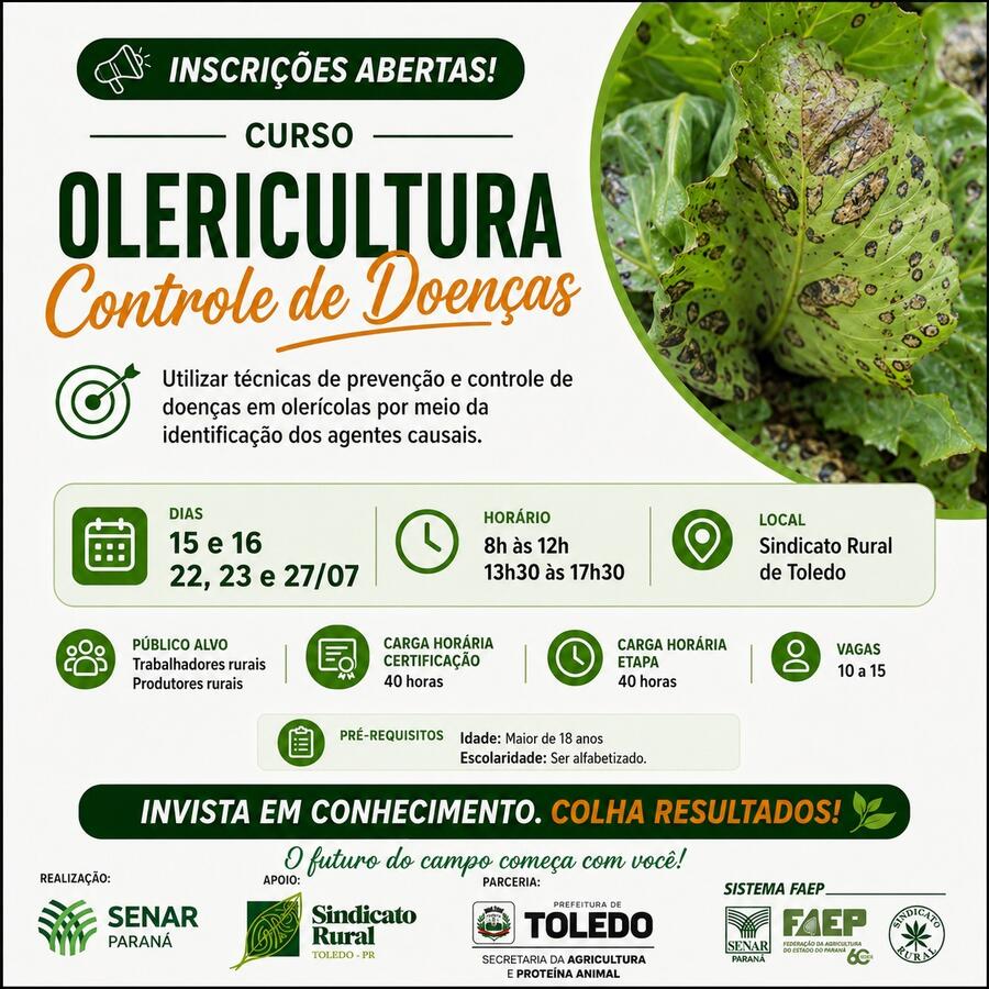 O curso tem início no dia 15 de julho e visa ensinar aos trabalhadores e produtores rurais técnicas de prevenção e controle de doenças em hortaliças