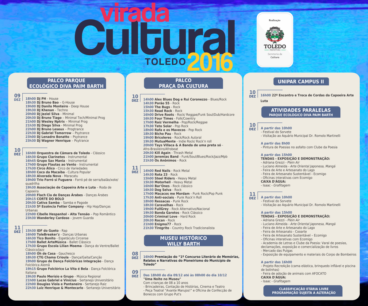 PROGRAMAÇÃO DA VIRADA CULTURAL DE TOLEDO 2016
