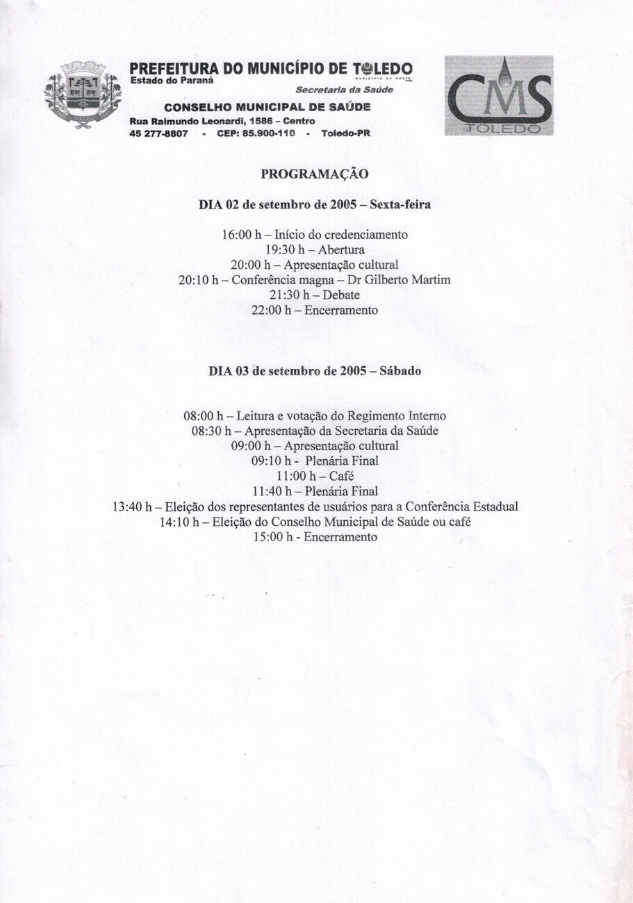 VIII Conferência Municipal de Saúde 2005 - Programação
