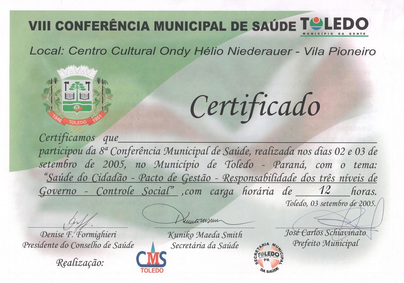 VIII Conferência Municipal de Saúde 2005 - Certificado