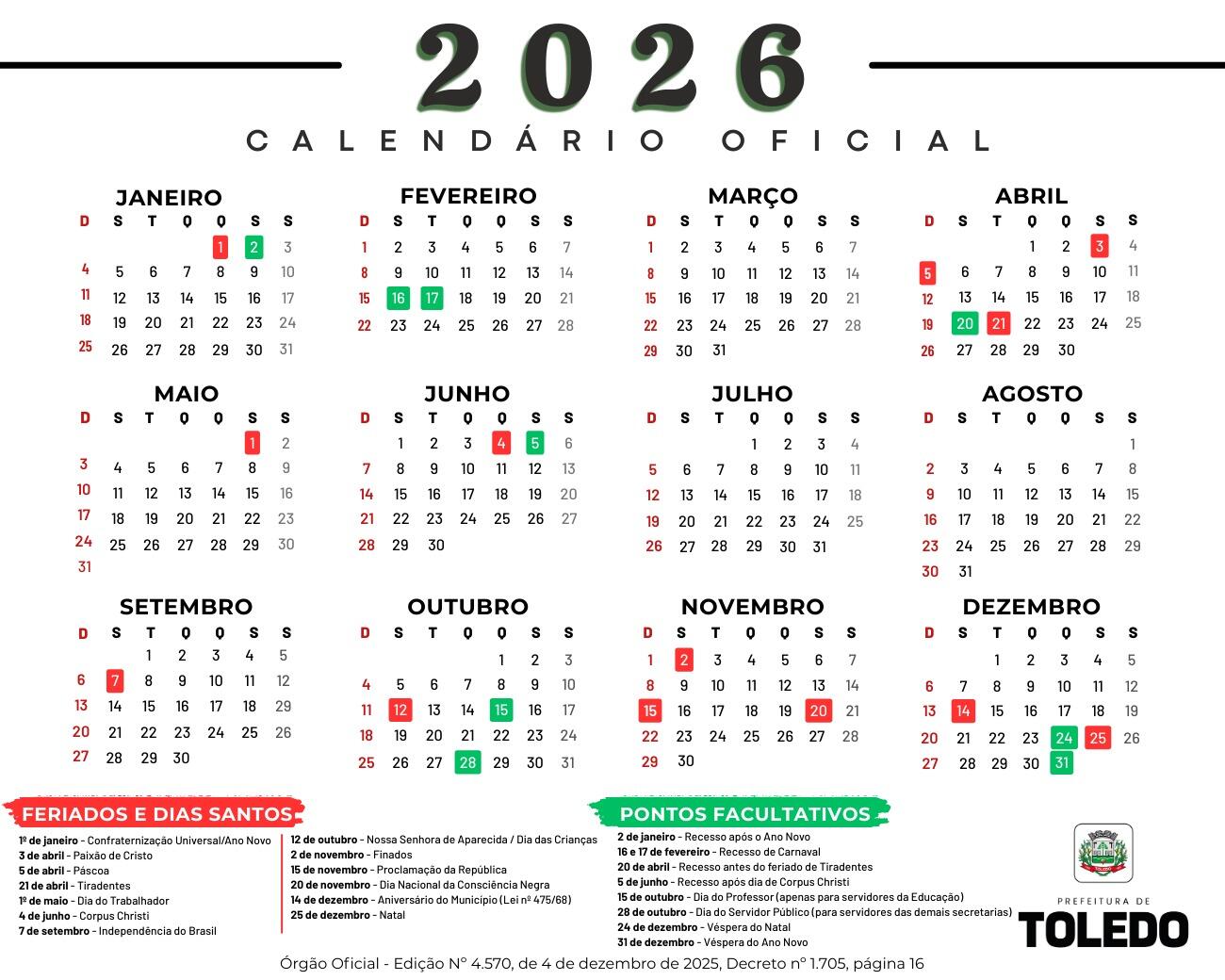 Calendário Oficial de Toledo 2026