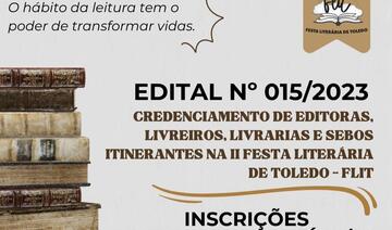 Sebos, livrarias, livreiros e distribuidores de livros podem se inscrever até a próxima segunda (18); evento ocorrerá de 6 a 12/10, durante a 2ª Festa Literária de Toledo