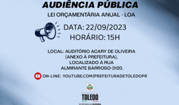 Realizado de forma presencial e remota, evento no Auditório Acary Oliveira inicia-se às 15h; cidadãos já podem enviar propostas à Lei Orçamentária Anual pela internet