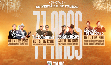 Além das diversas atividades promovidas pelas demais secretarias, a AgroDesenvolvimento trará vários shows locais e nacionais, para festejar o aniversário de Toledo 