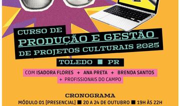 Durante os dias 20 de outubro a 7 novembro a Biblioteca Pública Municipal será palco do curso de gestão e produção cultural, oficina que visa desenvolver a capacidade de compreensão e atuação nos processos da produção cultural